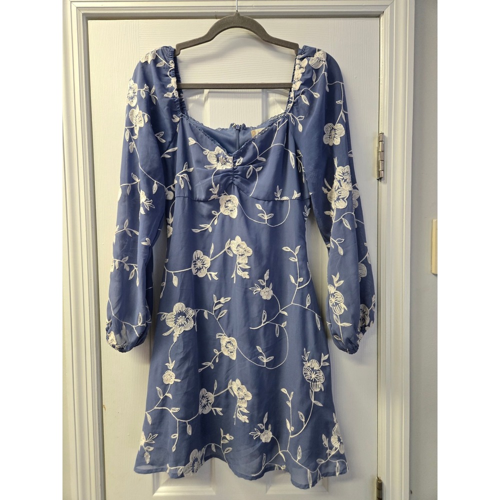 Blue Floral‎ Embroidered Mini Dress Balloon Sleeve S Fairycore Soft Coquette